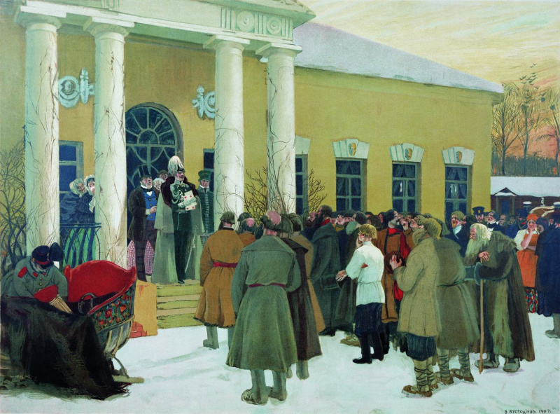 Файл:Reading of the Manifest (Liberation of peasants) - Kustodiev 1907.jpg